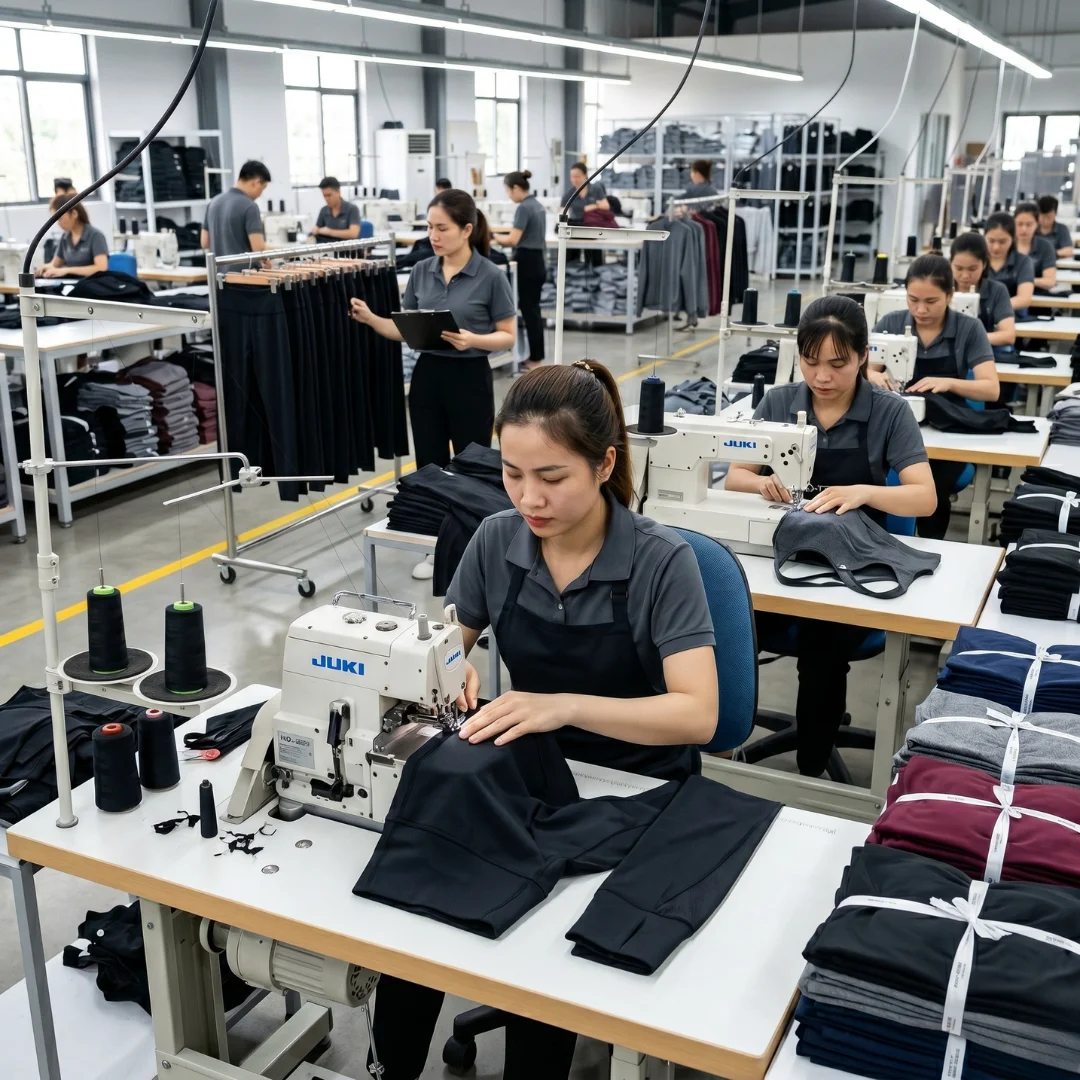 Skilled workers using JUKI sewing machines to assemble premium athletic apparel in a modern manufacturing facility.