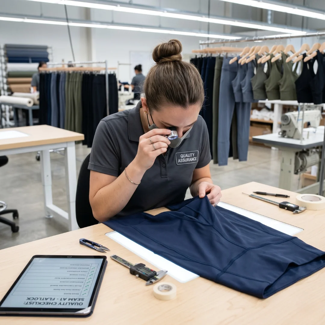 A clothing quality assurance professional checking garment stitching against a checklist.