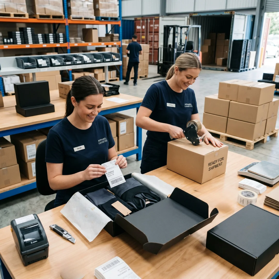 Warehouse staff preparing bulk apparel orders for shipment, including labeling and sealing boxes.