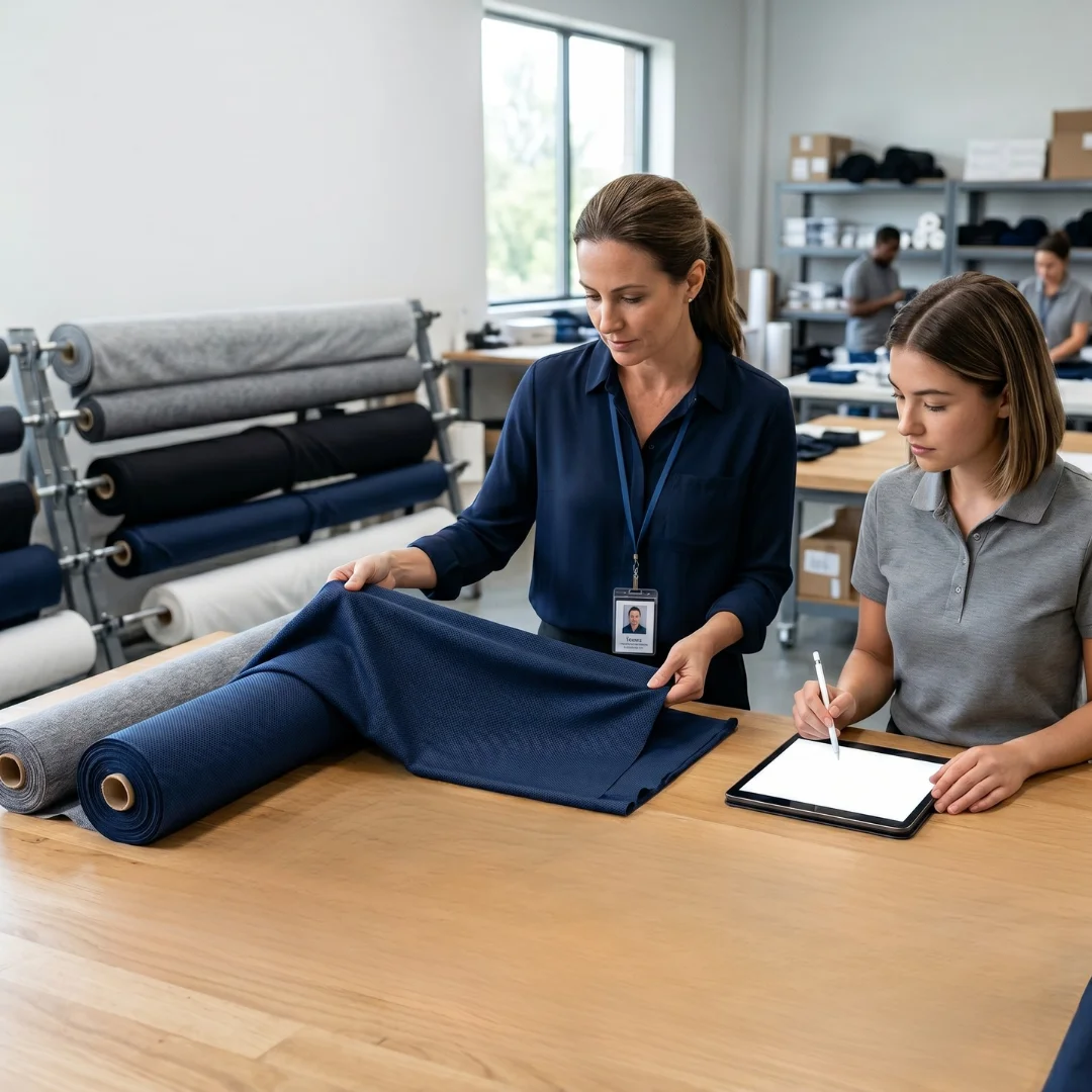 Two professionals inspecting premium blue fabric rolls in a textile warehouse while documenting details on a tablet.