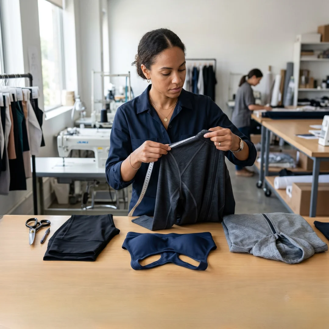 A professional garment technician measuring activewear during a quality inspection.