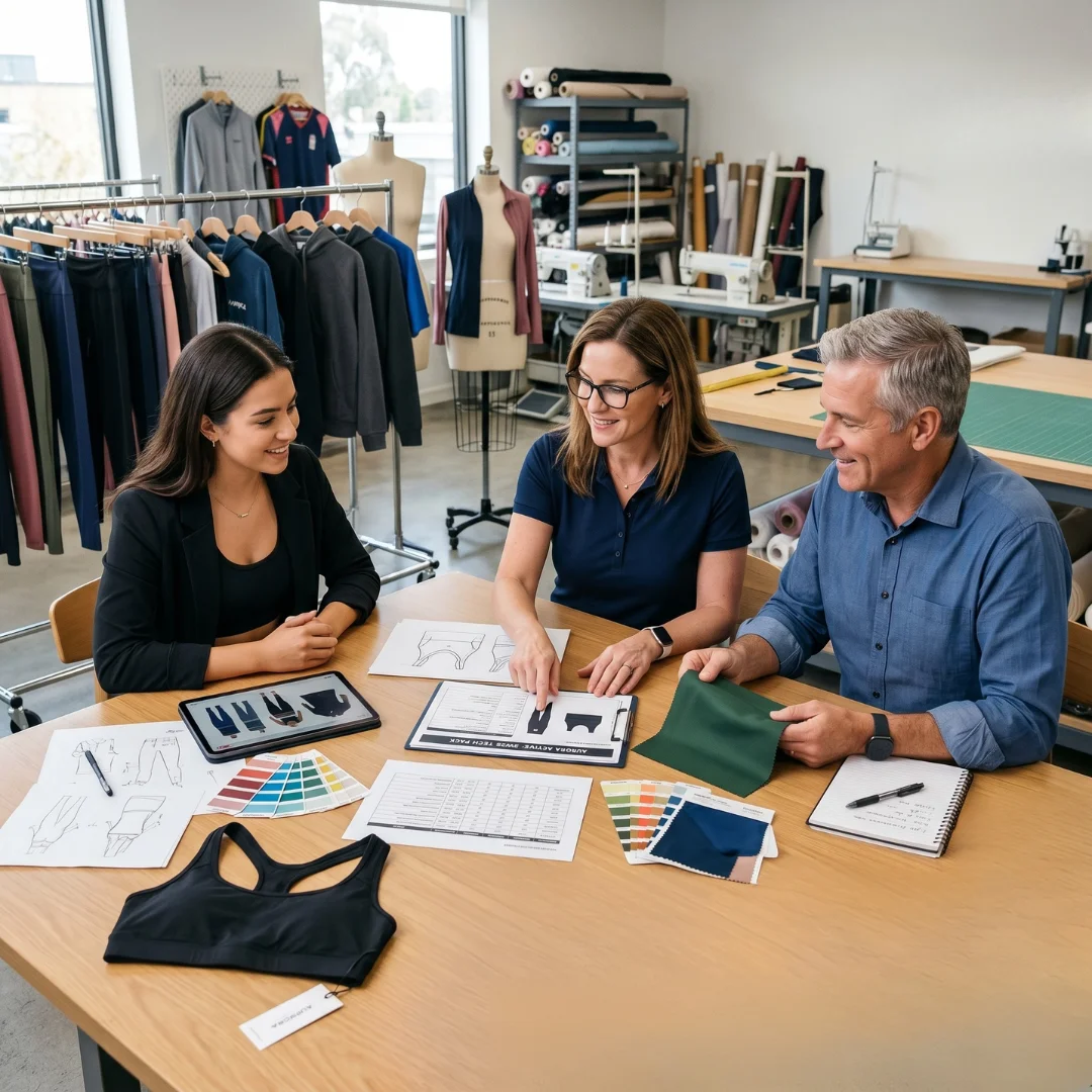 A professional team reviewing fabric swatches, tech packs and apparel sketches during the product development process.