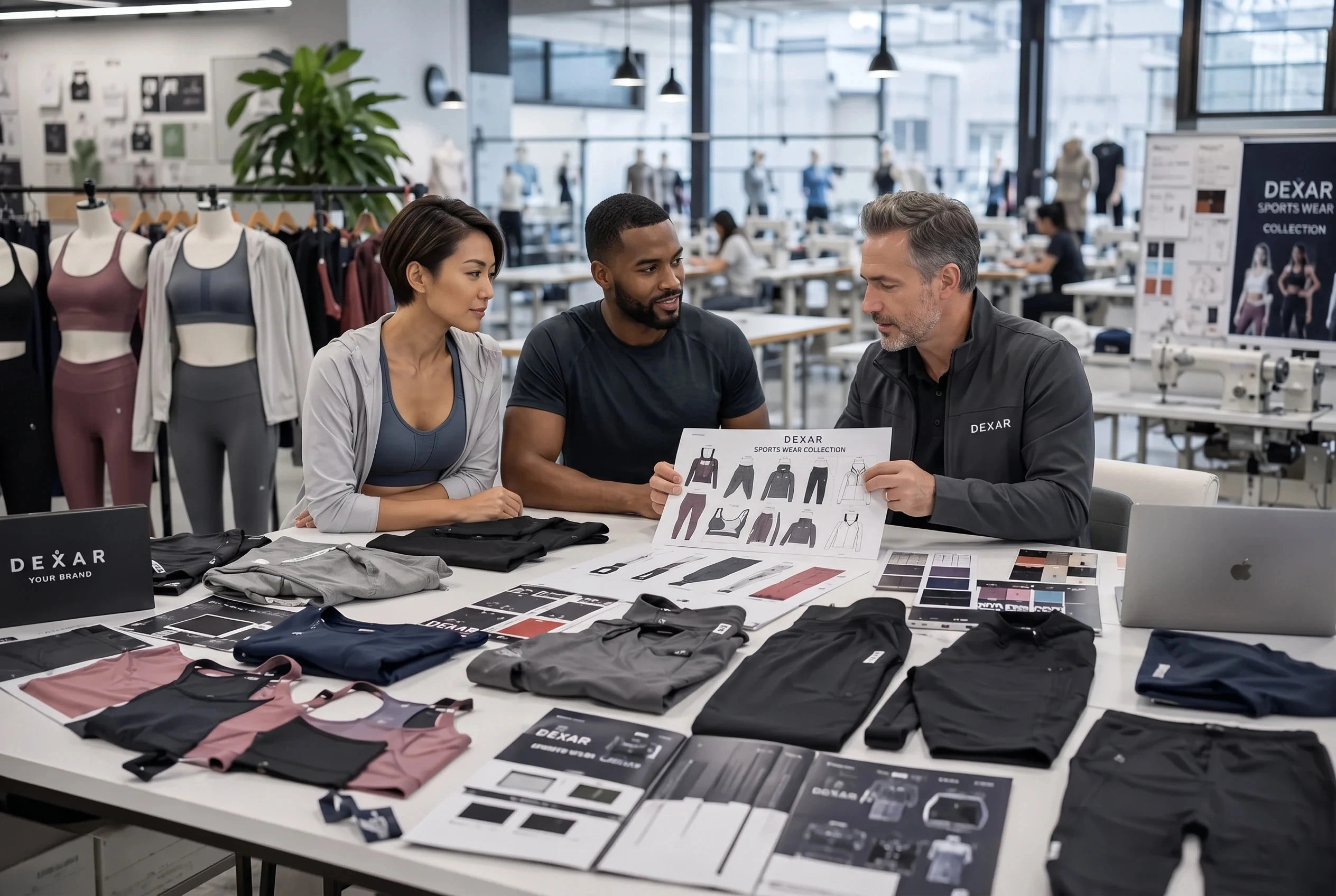 Startup founders reviewing activewear designs and samples with a manufacturer in a design studio.