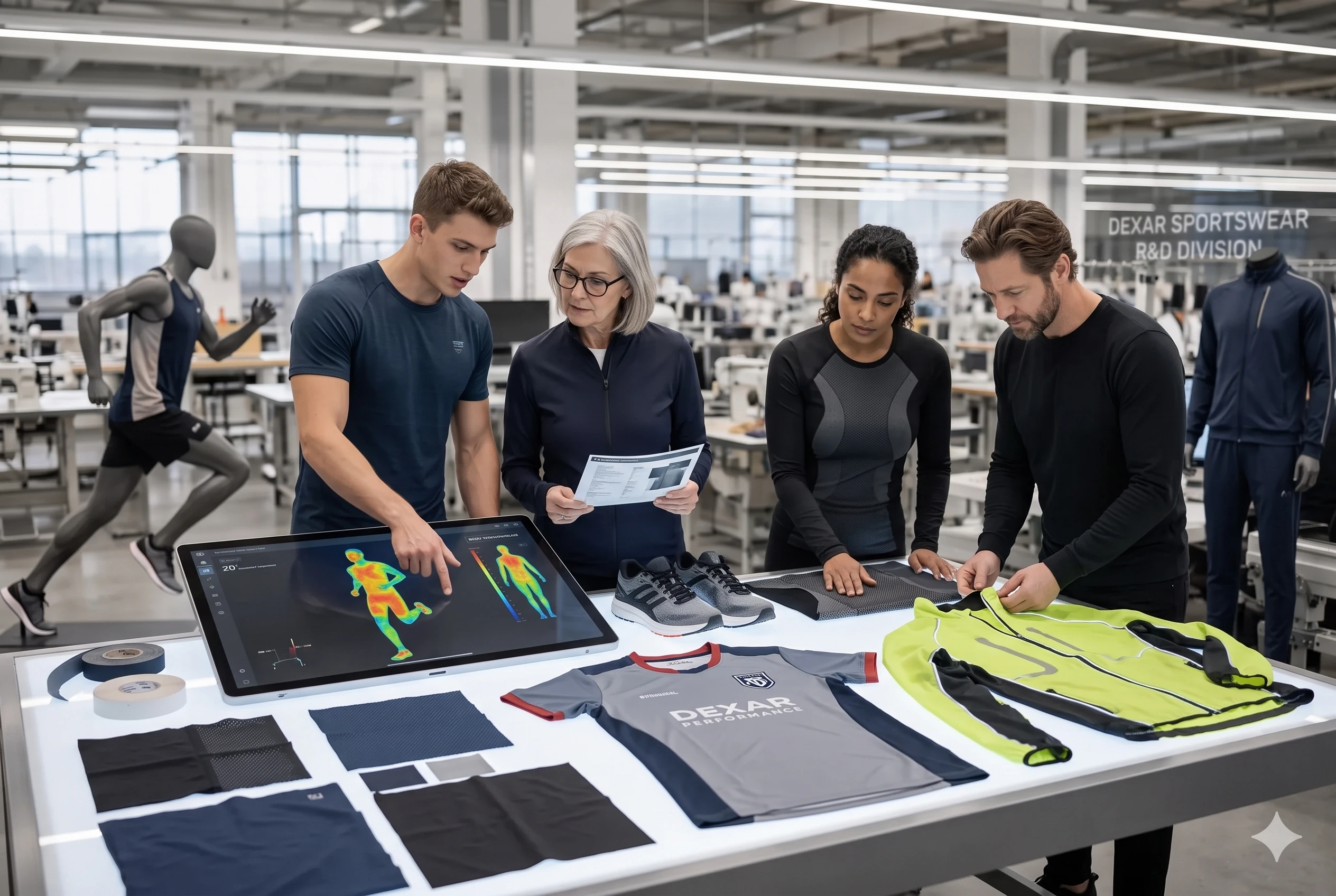 Dexar R&D team analyzing thermal data and performance fabrics for custom athletic apparel manufacturing.