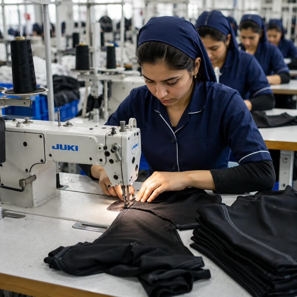 Factory worker sewing black activewear garments on an industrial machine during sportswear production.