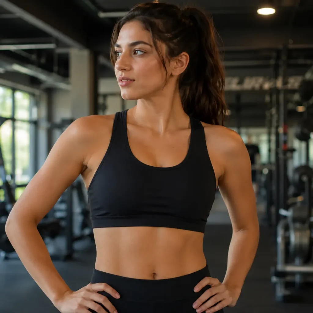 Woman wearing a black racerback sports crop top with matching high-waisted leggings in a gym.