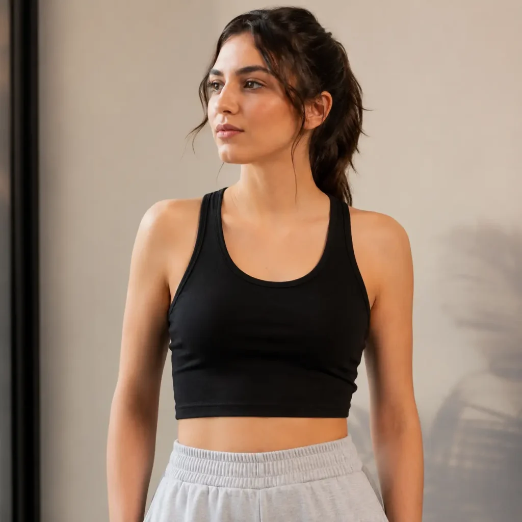 Woman wearing a black racerback tank top with light grey drawstring pants in a bright indoor setting.