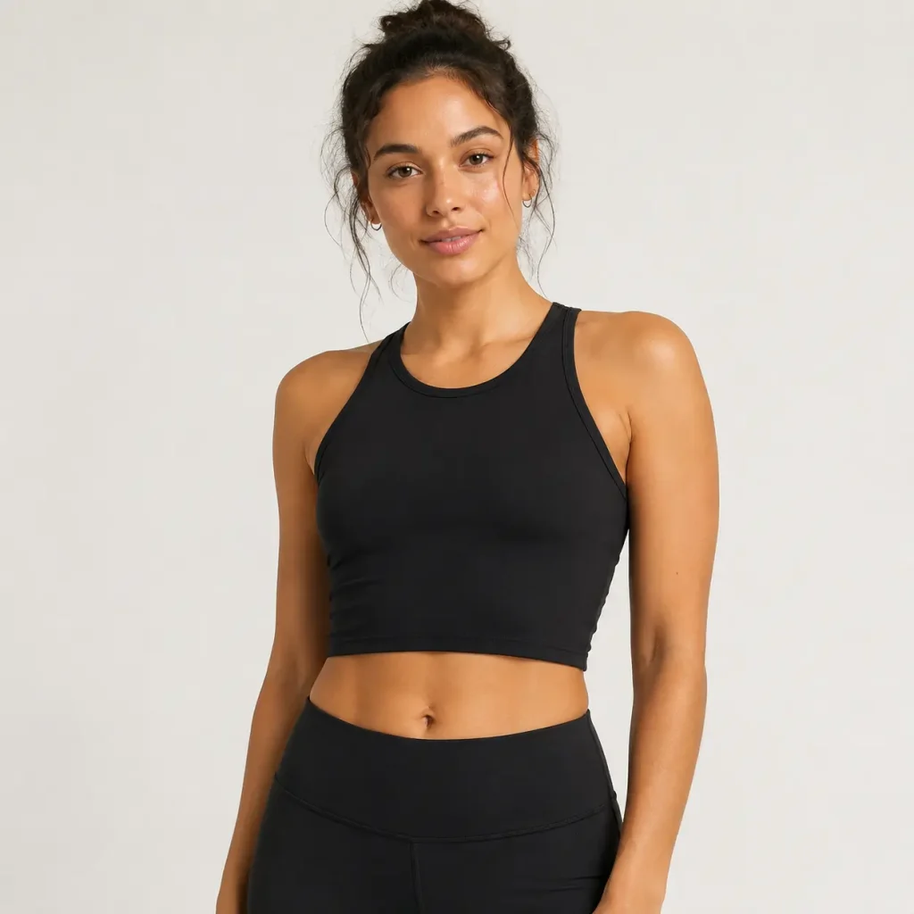 Woman wearing a black sleeveless athletic crop top with matching high-waisted leggings.