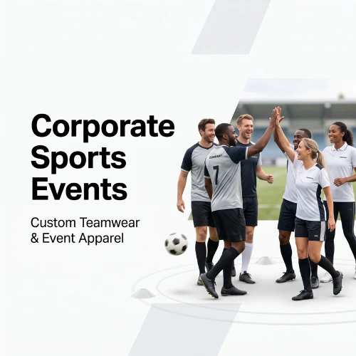 Corporate team in sports uniforms celebrating on field, representing custom teamwear and sports event apparel