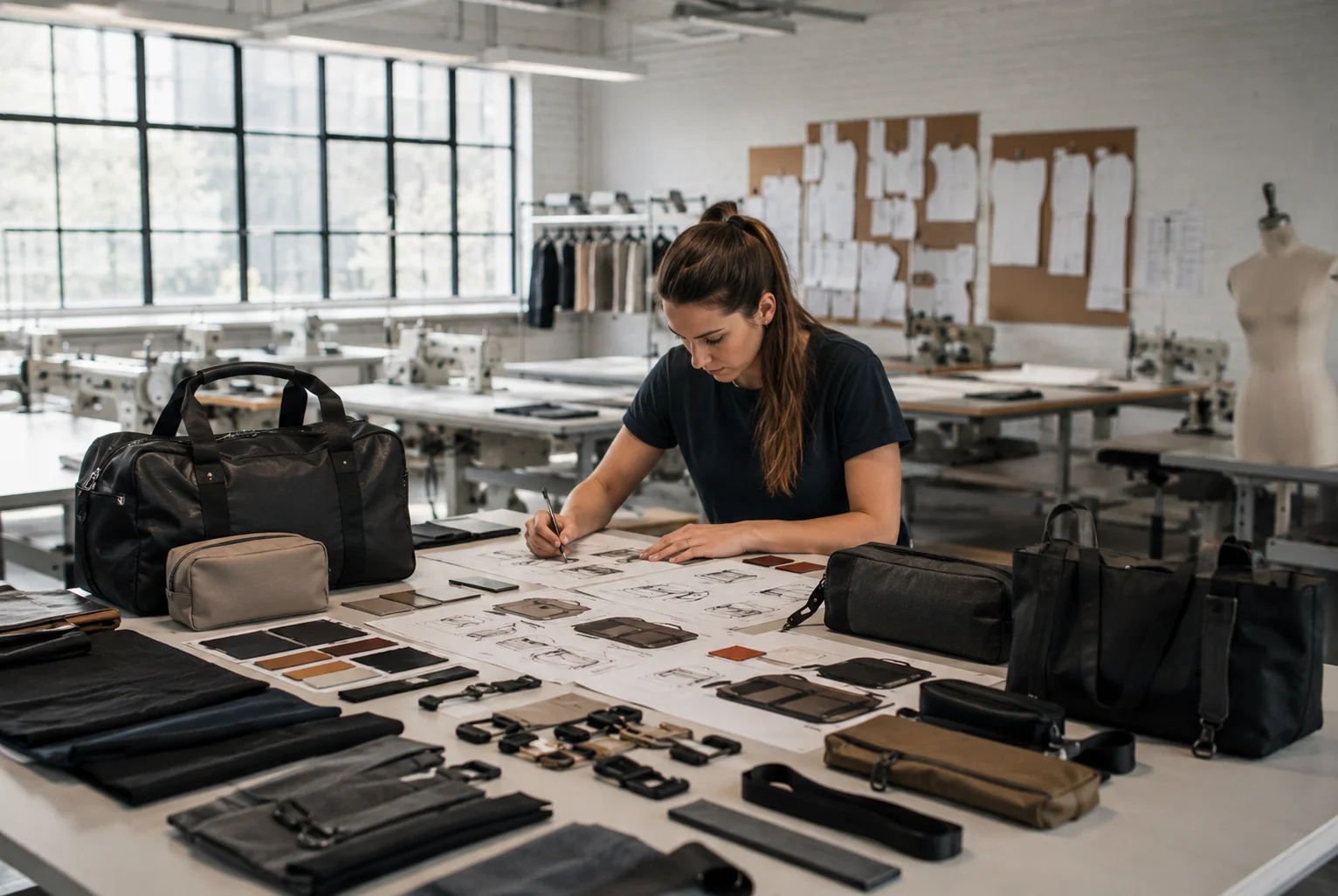 Designer creating custom bag prototypes with fabric samples and accessories in a product development studio.