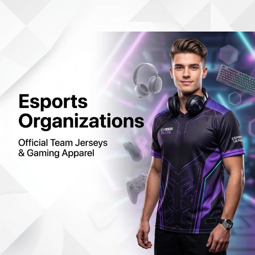 Male gamer wearing esports jersey with headset, representing gaming teams, official jerseys and esports apparel