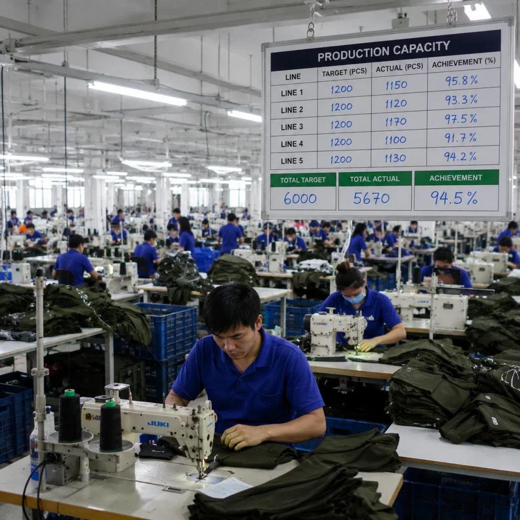 Workers sew garments in a large factory beneath a board showing production targets and achievement rates.