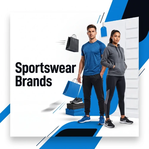 Two athletes in modern sportswear with shopping bags representing sportswear brands and fitness fashion style