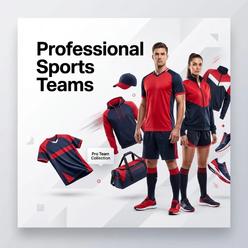 Male and female athletes wearing red and navy sports team uniforms with apparel and gear for professional teams