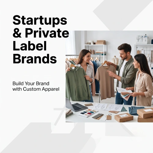 Design team reviewing clothing samples in studio for startup and private label apparel brand development
