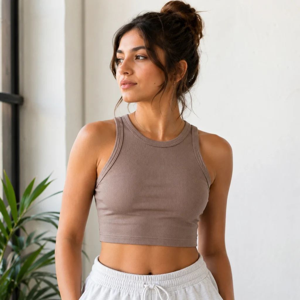 Woman wearing a taupe ribbed racerback crop top with white drawstring pants in a bright indoor setting.