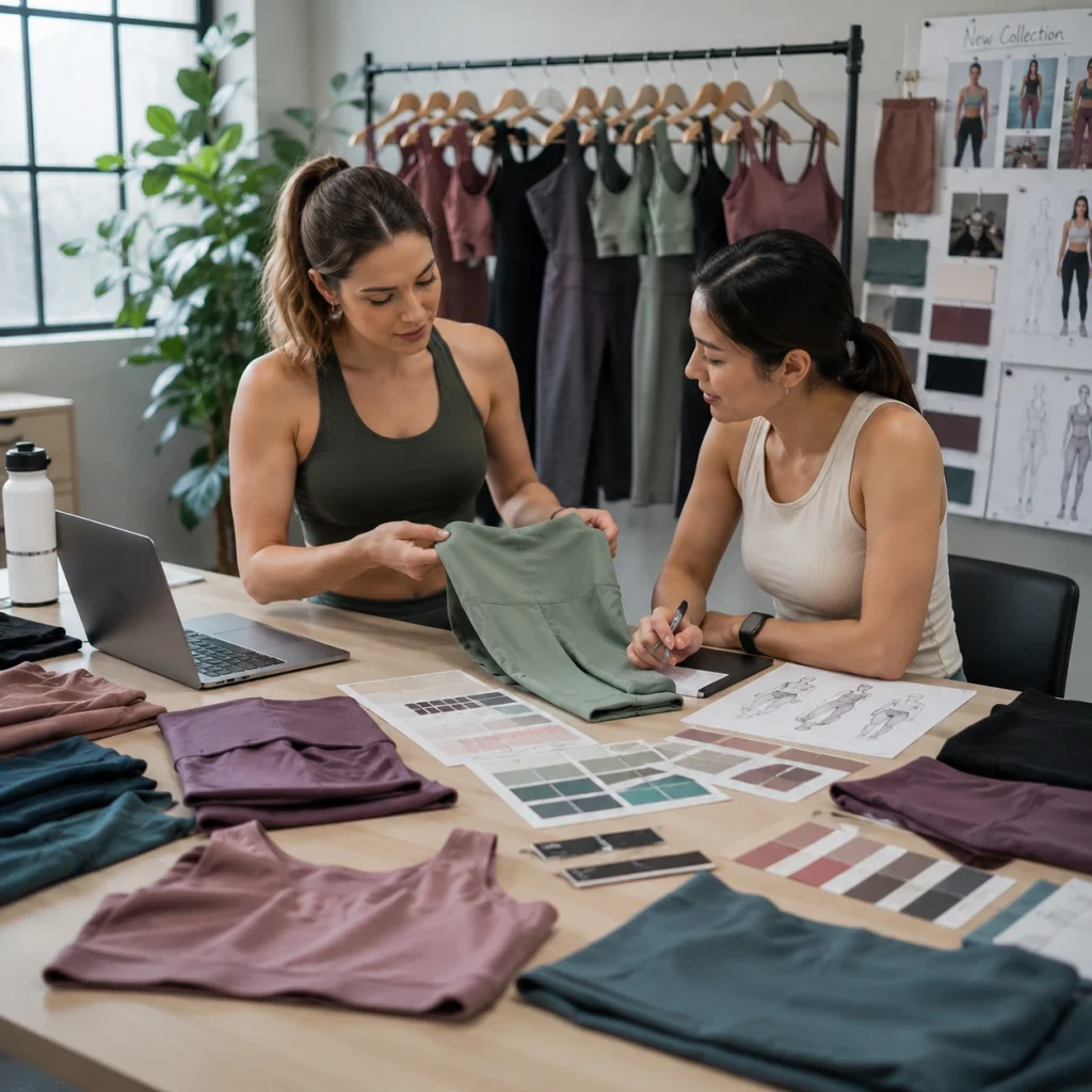 Two designers review fabric, colors and custom yoga wear samples while planning a new activewear collection.
