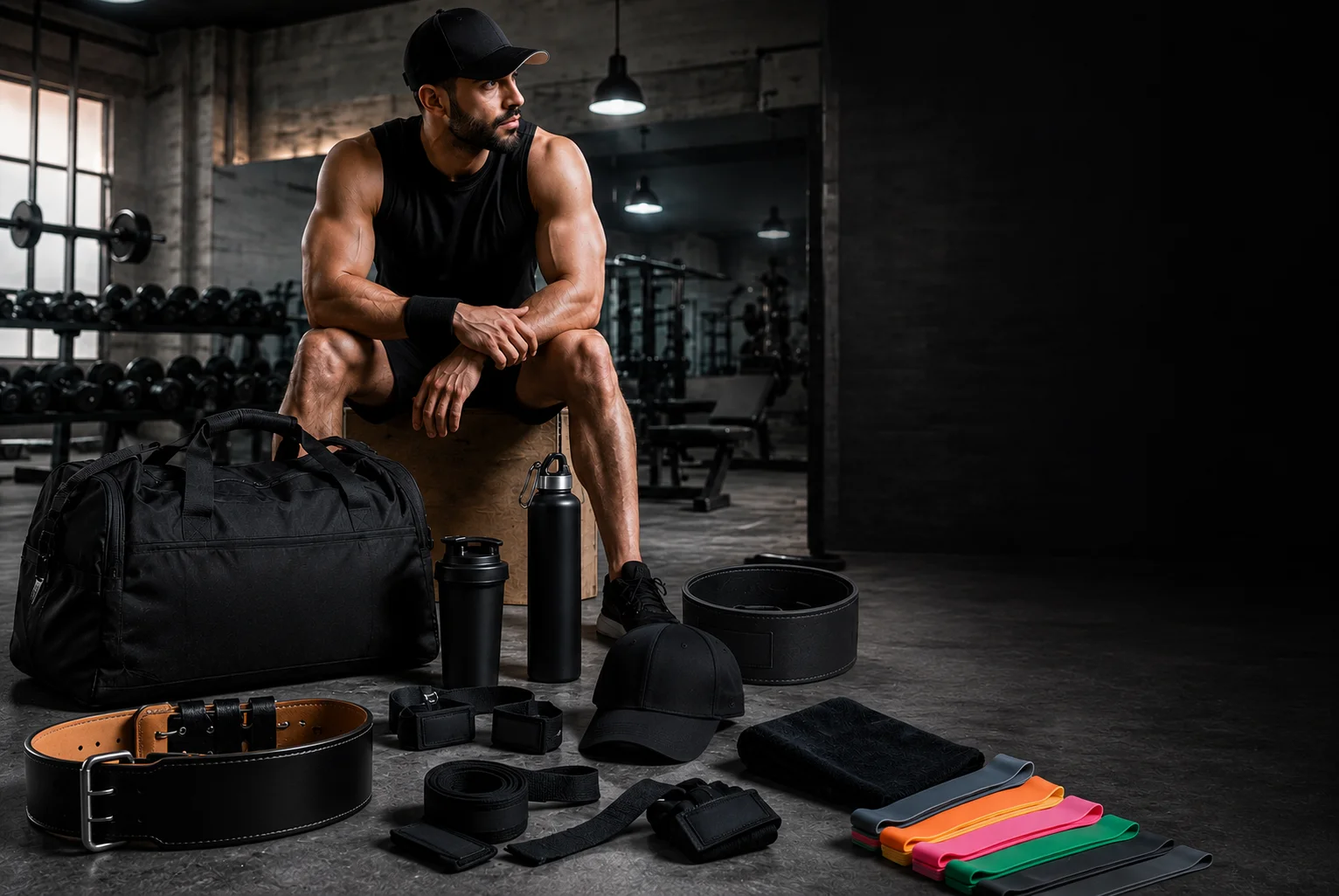 Athlete with custom gym accessories including duffel bag, lifting belt, bands, bottle and wrist straps.