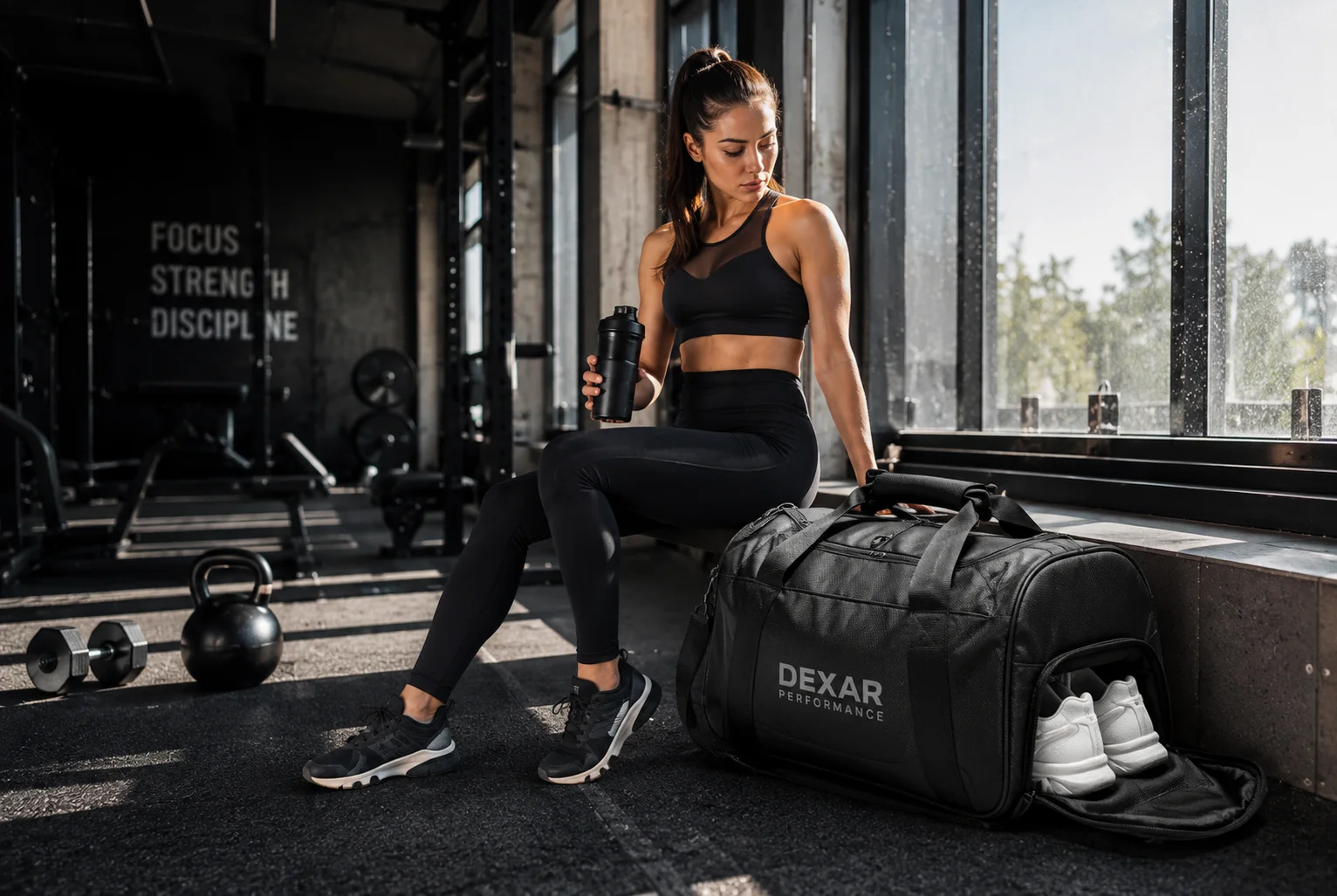 Athlete with a custom gym duffel bag in a fitness center featuring a ventilated shoe compartment.