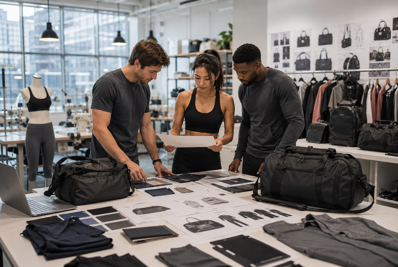 Design team reviewing private label sports bag samples and product specifications in a modern development studio.